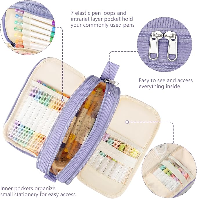 TESAFNG Corduroy Pencil Case, Large Capacity Pencil Pouch with 4 Compartments, Cute Soft Aesthetic Stationery Pen Bag Organizer with Zipper, Portable School Supplies for Teen and Adult Girls, Purple