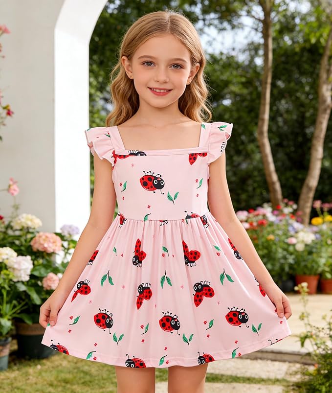 Popshion Girls Dresses Flutter Sleeve Swing Sundress Toddler Summer Clothes Kid Birthday Party Sleeveless Dress 1-8 Years Old