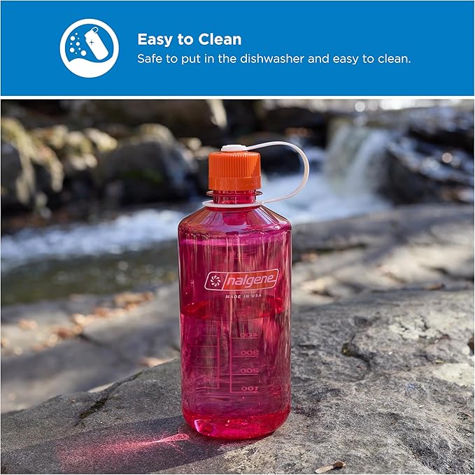 Nalgene 32 oz Narrow Mouth Water Bottle | BPA-Free, Durable & Leak Proof, Lightweight for Hiking & Gym – Thrill & Motion, Fuschia Purple w/Flame