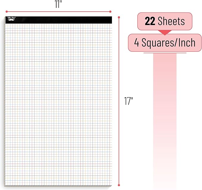 Mr. Pen- Graph Paper Pad, 17x11 Inches, 4x4 (4 Squares per Inch), 22 Sheets, Ideal for Math, Graphing and Sketching, Grid Paper for Students, Engineers, Artists