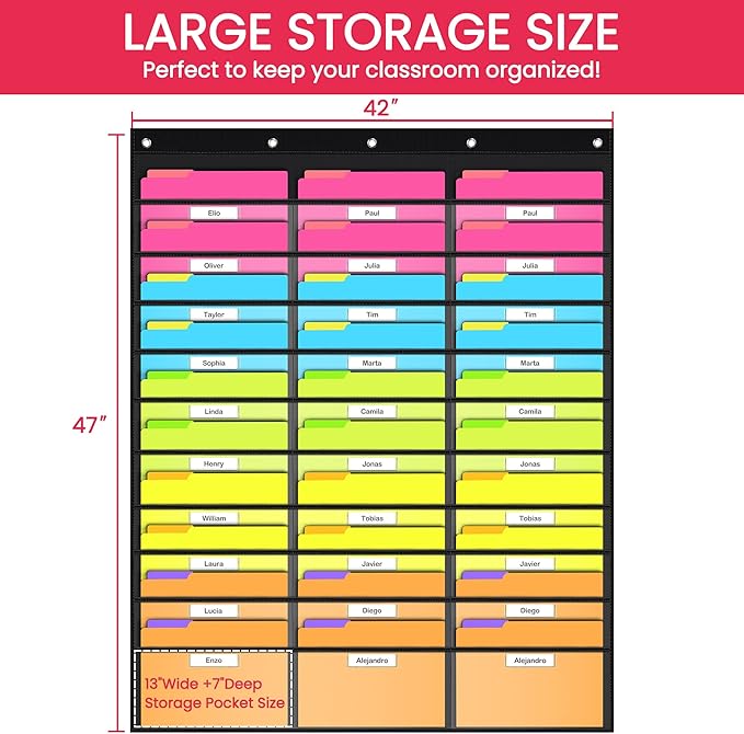 Clear Storage Pocket Chart for Classroom & Office with 30 Nametag Pockets, 5 Overdoor Hangers Included, Hanging Wall File Organizer for File Folders, Assignments, Files, Scrapbook Papers & More