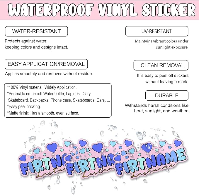 Custom First Name and Last Name Heart Sticker Personalized Text Decal Waterproof Removable Trendy Gift for Women, Men Laptop, Phone Water Bottle Tumbler Notebook Car Helmet