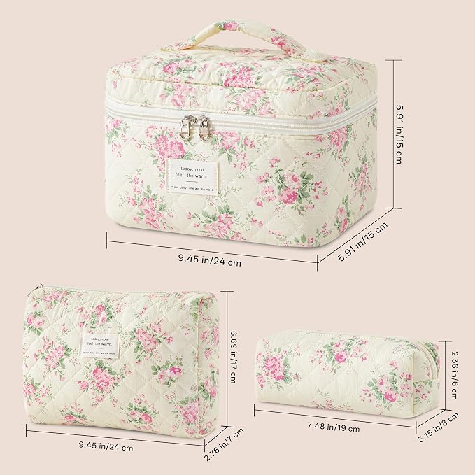 HBselect Quilted Makeup Bag, 3Pcs Cotton Large Travel Makeup Bags Organizer | Cute Floral Make up Bag Cosmetic Bag Toiletry Bag for Women Girls, Makeup Pouch for Skincare, Brushes & Travel Essentials