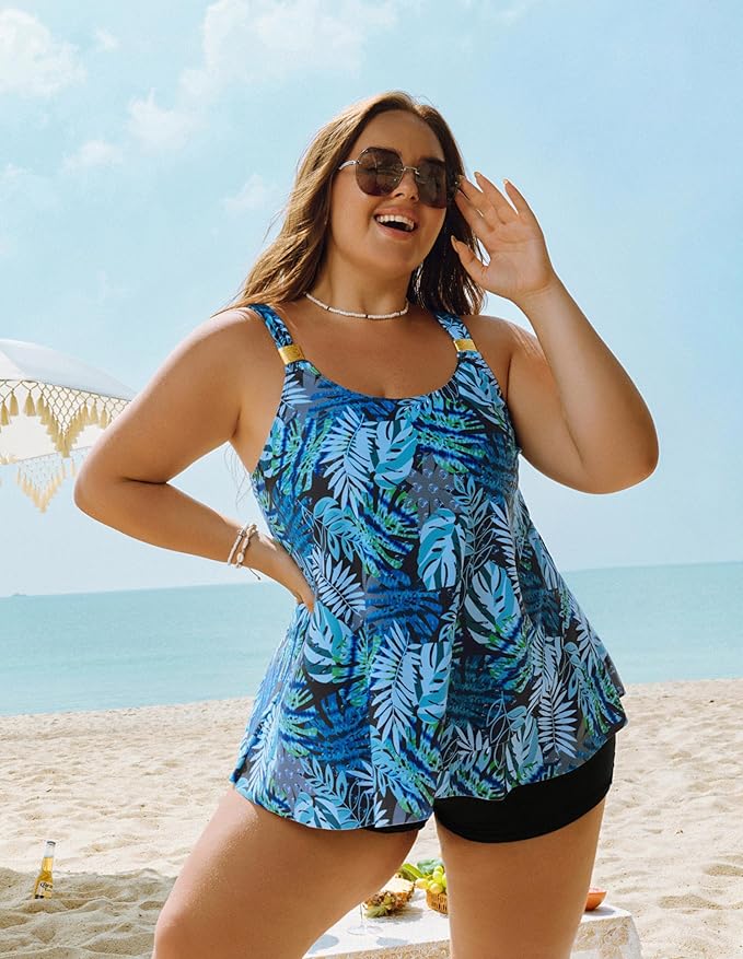 Hanna Nikole Womens Tankini Swimsuits 2 Piece Bathing Suit Flowy Ruffle Tankini Tops with Swim Shorts