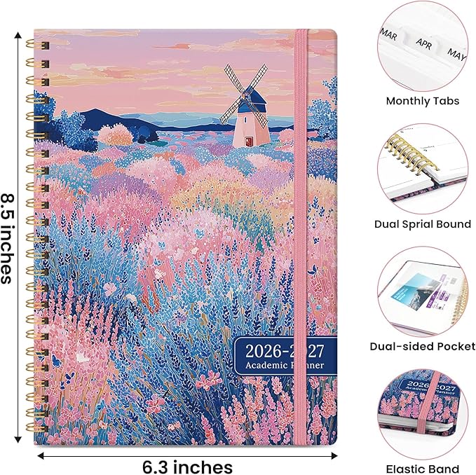 Planner 2026-2027, Academic Planner Weekly and Monthly, Jul 2026 - Jun 2027, Spiral Bound School Planning Tool with Tabs and Pocket, Perfect for Students & Teacher, 6.3" x 8.5", Windmill Fields