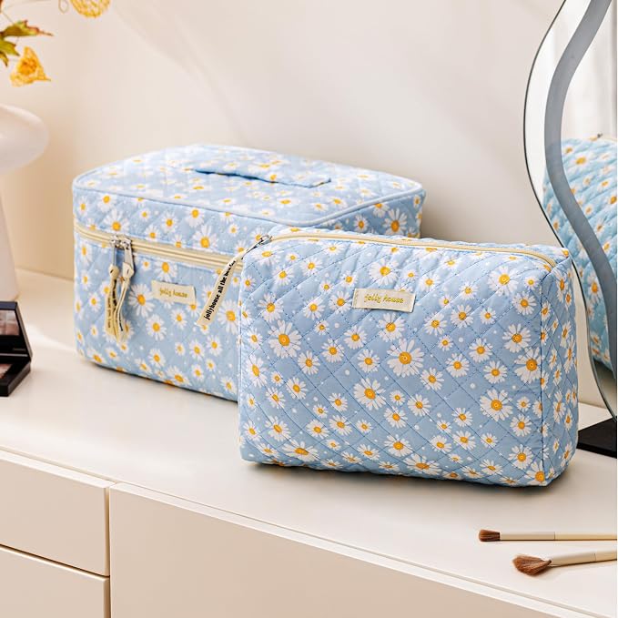 HBselect Quilted Makeup Bag, 3Pcs Cotton Large Travel Makeup Bags Organizer | Cute Floral Make up Bag Cosmetic Bag Toiletry Bag for Women Girls, Makeup Pouch for Skincare, Brushes & Travel Essentials
