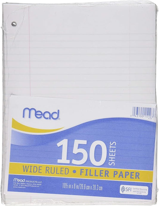 Mead Filler Paper, Loose Leaf Paper, Wide Ruled Paper, 150 Sheets, 10-1/2" x 8", White (15103)