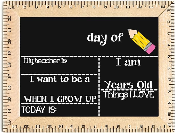 First Day of School Sign (15"x11.5"), Easy-to-Clean with Real Wooden Ruler Frame, Handmade in USA by Bloom Owl, Perfect for Back to School Framed Chalkboard, 1st Day of Kindergarten, Pencil Design