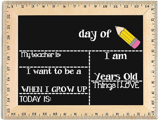 First Day of School Sign (15"x11.5"), Easy-to-Clean with Real Wooden Ruler Frame, Handmade in USA by Bloom Owl, Perfect for Back to School Framed Chalkboard, 1st Day of Kindergarten, Pencil Design