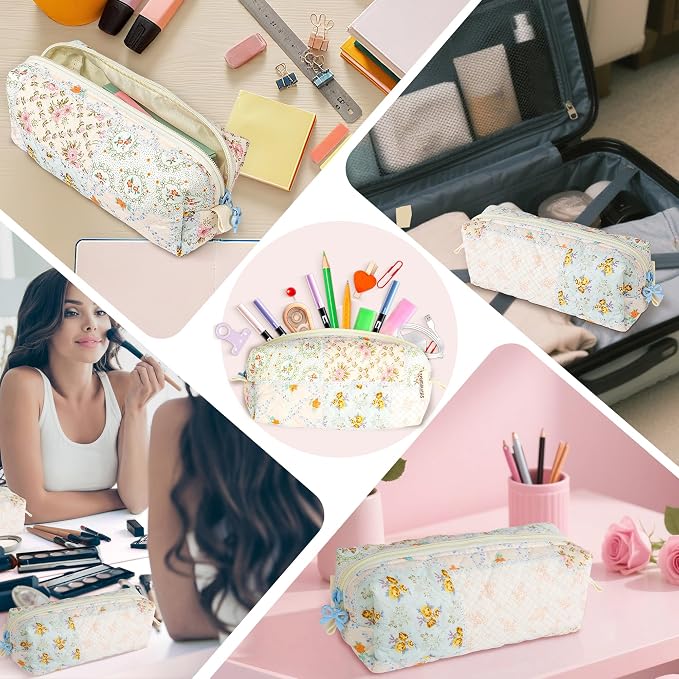 Cute Quilted Pencil Case for Women, Aesthetic Small Floral Pencil Pouch, Slim Soft Pencil Bag for Stationery Supplies & Daily Use（Blue Patchwork）