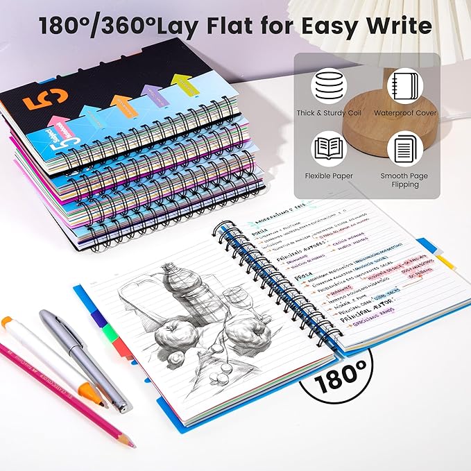CAGIE 5 Subject Notebook, A5 Small Spiral Notebook with Removable Pocket Dividers Tabs, 240 Pages Spiral Note Book College Ruled for School Work Note taking, 6.1 * 8.27in, Balck