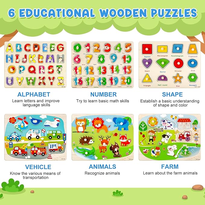 Attmu Wooden Puzzles for Toddlers, 6 Pcs Alphabet Puzzle ABC Shape Number Animal Farm Puzzle, Learning Toys for Kids, Preschool Educational Activities Toddler Gift Toys for Girls Boys Christmas Easter