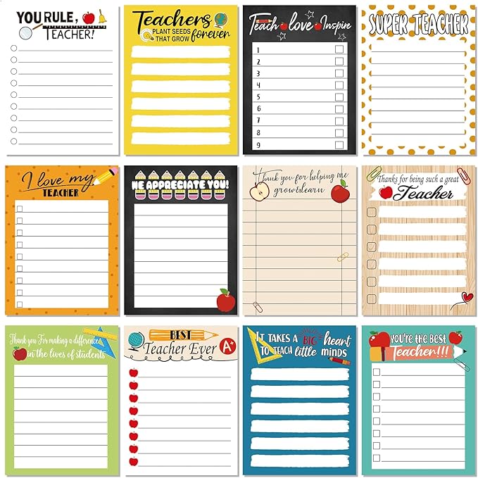 Pajean 12 Pcs End of Year Teacher Gifts Teacher Appreciation Notepad Gift Sets Lined Notepads to Do List Memo Notepads for Graduation Present Colored Cute Sticky Paper Notes Supplies(Cute Style)