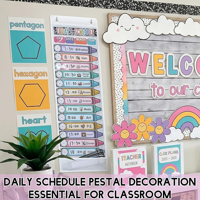 Gueevin Daily Schedule Pocket Chart for Classroom, 15+1 Pockets with 32 Pcs Double-Sided Reusable Cards Daily Schedule Pocket Chart Decor for Classroom School Home Activity Office Supplies(Crayon)