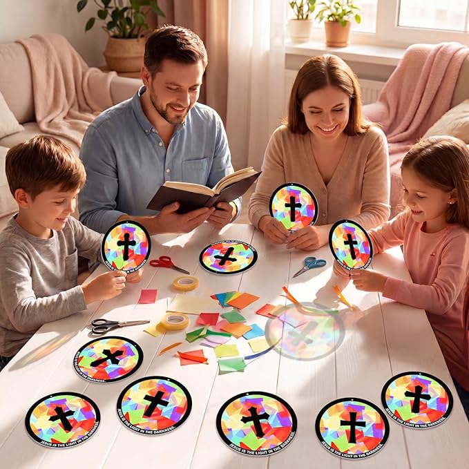 48PCS Sunday School VBS Crafts Bulk: Paper Cross Nativity Suncatchers, Jesus Religious Christian Activity DIY Kits Church Decorations, Window Stained Glass Effect Art Supplies(Round Shape)
