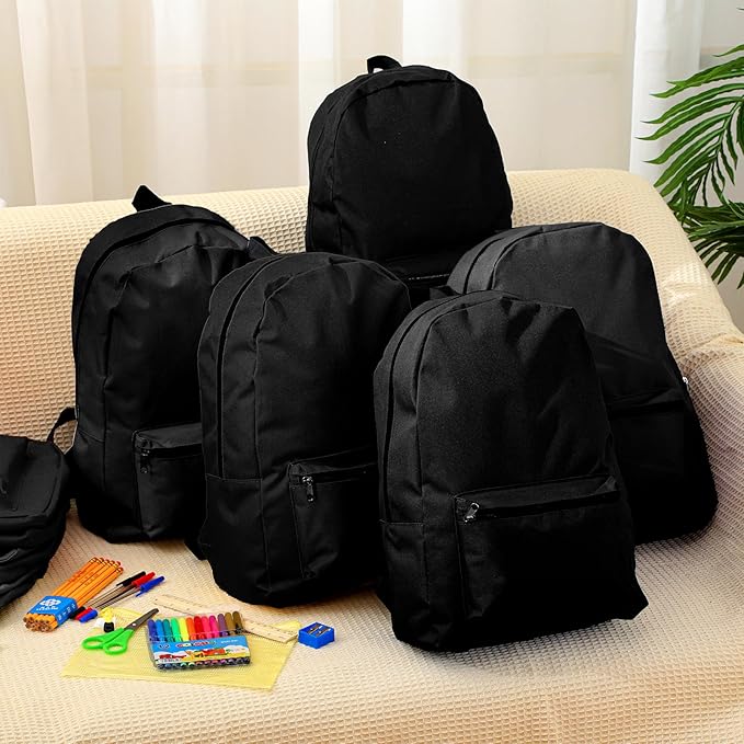 Silkfly Black 24 Pack 17'' Backpacks Bulk with 24 Stationery Supply Sets, Bookbags and Writing Accessories Kit for Donation