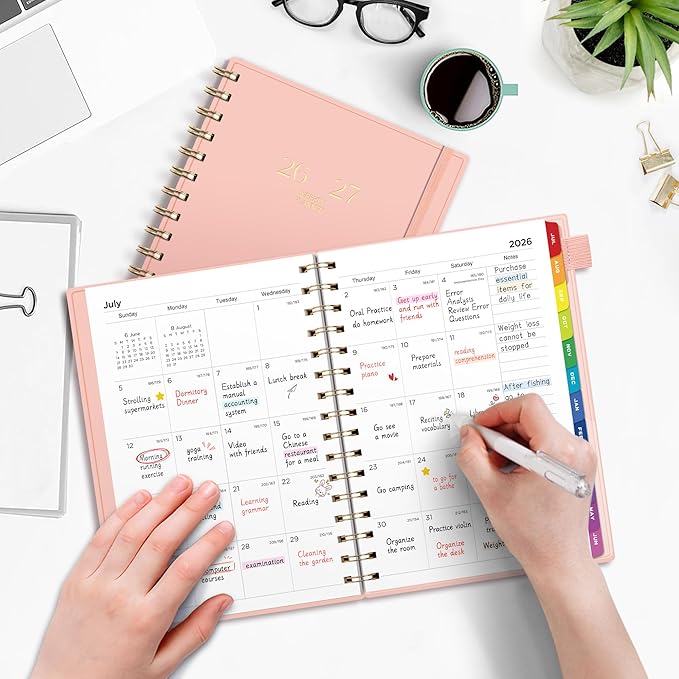 EMSHOI Academic Planner 2026-2027, Weekly and Monthly Calendar (July 2026 - June 2027), School Student Teacher Agenda Book, 100GSM Paper, PVC Cover, Colorful Tabs, A5 (6.38" x 8.35"), Pink