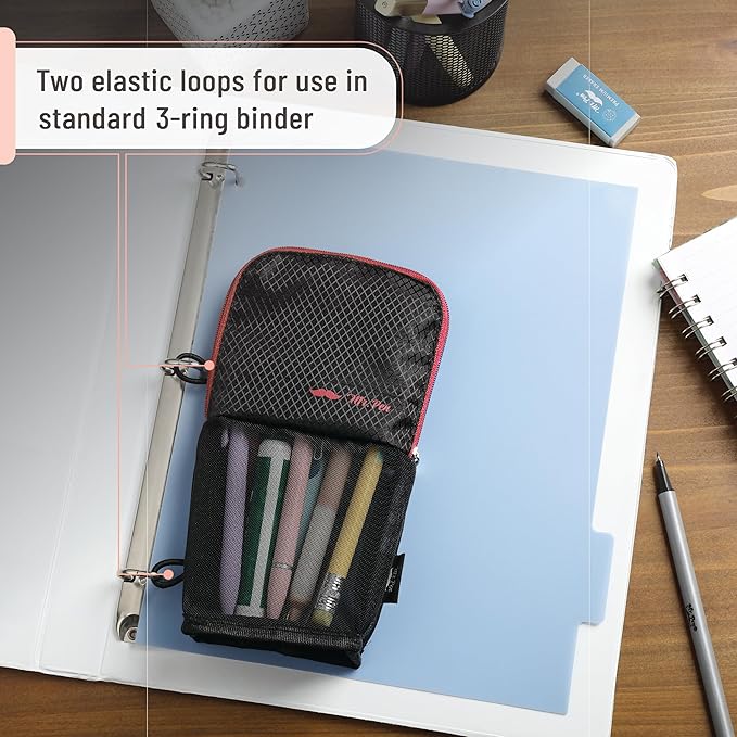 Mr. Pen- Standing Pencil Case Pouch, Sit & Lay Mesh-View Design, Black with Red Zipper, Interior Pocket & 2 Elastic Binder Loops, Cute Pencil Case for Girls and Boys