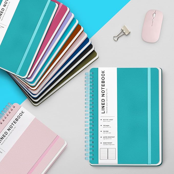 Lined Spiral Journal Notebook with 160 Pages, 8×5.7in, A5 Spiral Notebook, Journaling Notebooks for Work, School, Women, Men, College Ruled Spiral Notebook, Hardcover Leather Journals, Turquoise