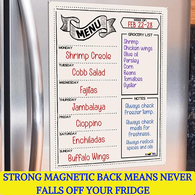 Magnetic Weekly Meal Planner for Fridge – 16” x 12” Dry Erase Menu Board with Grocery List & Notes – Stain-Resistant Whiteboard for Family Meal Planning Includes 3 Magnetic Markers & Eraser