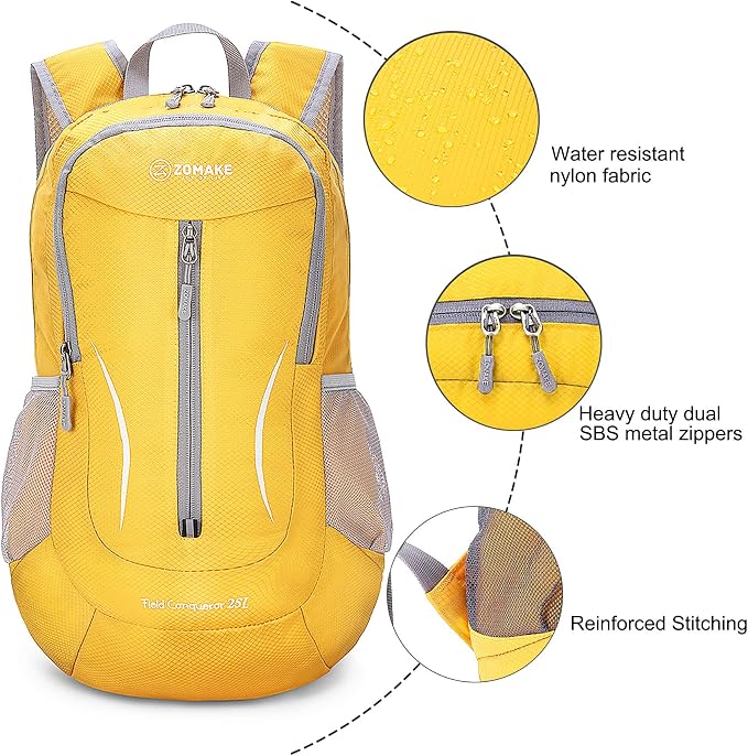 ZOMAKE Lightweight Packable Backpack 25L, Foldable Hiking Daypack | Water Resistant Small Folding Backpacks for Travel, Everyday Carry, Multi-Pocket Layout, Breathable Shoulder Strap