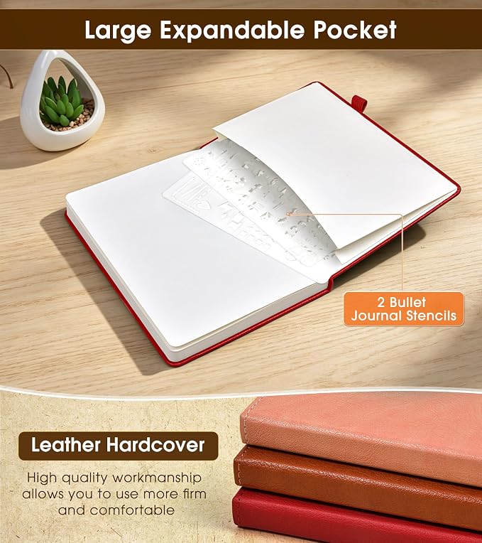 Dotted Journal Notebook, A5 Leather Hardcover, 160 Pages, 180° Lay-Flat Binding, 100 GSM Thick Paper, Dot Grid for Bullet Journaling, Planning & Daily Organization (Wine Red)