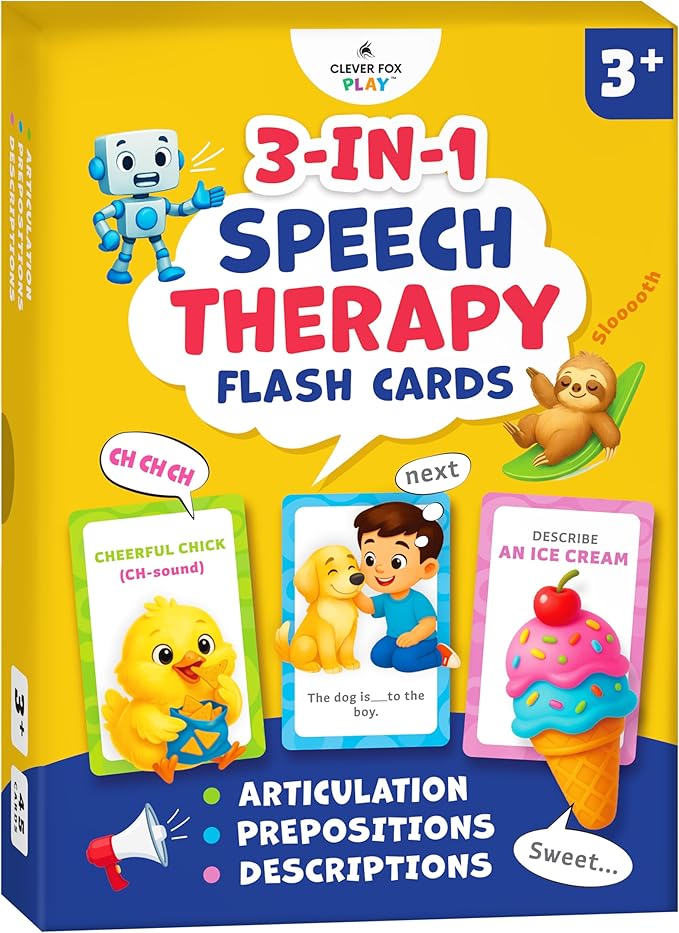 Clever Fox Play 3-in-1 Speech Therapy Flash Cards for 3+ Year Olds – Toddler Learning Flash Cards for Speech Therapy Materials – 45 Articulation, Description & Preposition Cards for Preschool