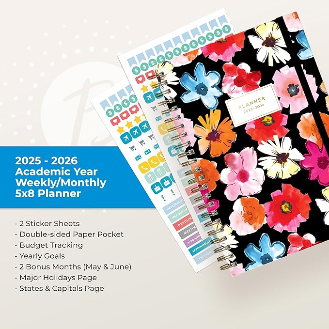 Blue Sky 2025-2026 Weekly and Monthly Academic Year Planner Calendar, July 2025 - June 2026, 5" x 8", Hard Cover, Wirebound, Storage Pocket, Laminated Tabs, Stickers, Pop Garden
