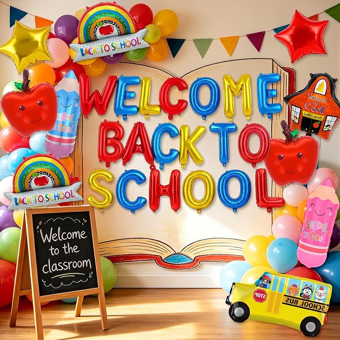 Welcome Back to School Balloons, 29 PCS Back to School Decorations | Back to School Balloon with Letters, School Bus, Apple, Pencil, Rainbow,School and Star Balloons for Classroom Party Supplies