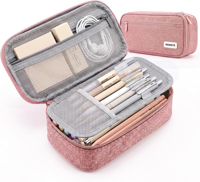 WEMATE Pencil Case, Large Capacity Pencil Pouch, Big Storage Organizer | for Stationery, Zipper Pen Bag, Travel Pen Box, Office Organizer Makeup Bag for Men Women Pink