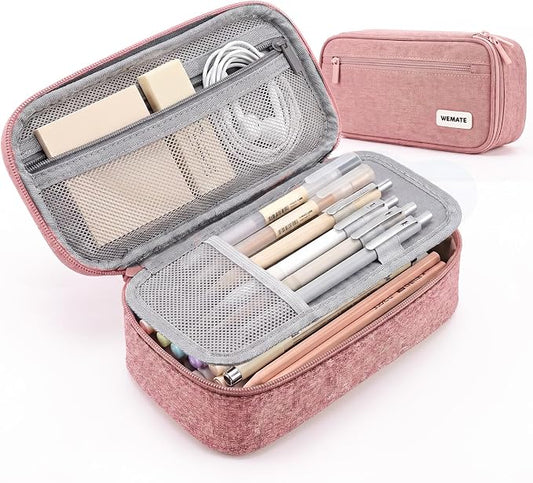 WEMATE Pencil Case, Large Capacity Pencil Pouch, Big Storage Organizer | for Stationery, Zipper Pen Bag, Travel Pen Box, Office Organizer Makeup Bag for Men Women Pink