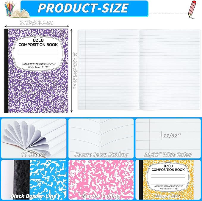 24 Pack 9.75 x 7.5 in Large Composition Notebooks Bulk 12 Color Wide Ruled Composition Books Marble Journal Notebook 60 Sheets per Book for Aldult Student College Office Back to School Supplies