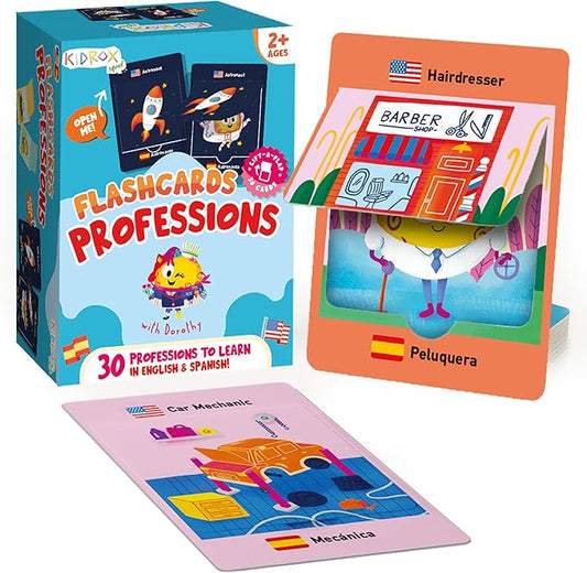 Kidrox Career & Professions Flash Cards, English Learning Cards with Spanish Translations, Interactive Open & Cover, 30 Pack