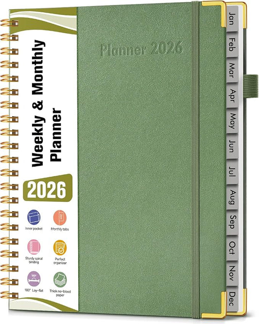 2026 Planner, Hardcover Leather Weekly and Monthly Planner, January 2026 - December 2026, Spiral Yearly Agenda Organizer Book 2026 with Tabs, Daily Calendar Planners for School Work Home, A4 (8.5" x 11"), Green