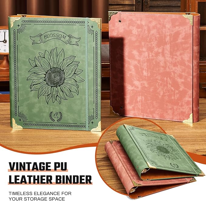 Ovesmusl Sunflower PU Leather 3 Ring Binder Fits 8.5"x11" Letter Size Paper, 2 Inch Round Ring Binder Holds 500 Sheets, Notepad Paper Cover Loose Leaf Organizer, Pink