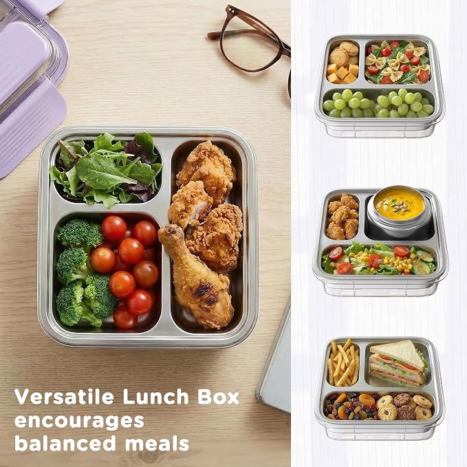 Stainless Steel Bento Lunch Box for Kids Adults with 8oz Insulated Food Jar,Ice Pack,Leak-proof,Dishwasher-Safe,Transparent Lid with Sauce Cup and Cutlery Storage for School & Travel,BPA-Free(Purple)