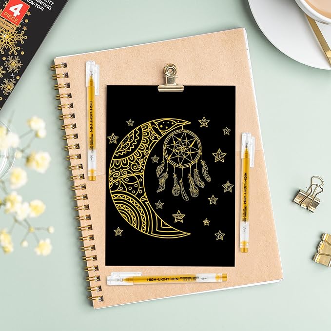 Qionew Gold Gel Pens, 1.0mm Gold Gel Ink Pen Set,Opaque Ink, Gel Pen for Artists, 4 Pack, for Black Paper Drawing, Bullet Journaling, Card Making, Art Highlight & Artists Drawing