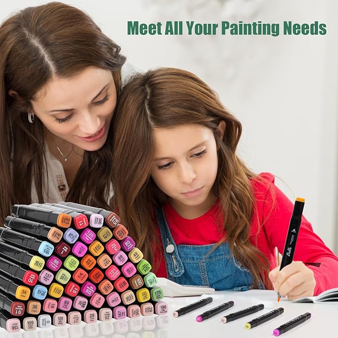 Kebuye 100 Colors Alcohol Markers Set, Dual Tips Blender Art Markers for Drawing Sketching Coloring Artist Pens and Underlining, Professional Permanent Sketch Markers for Kids Adult Coloring
