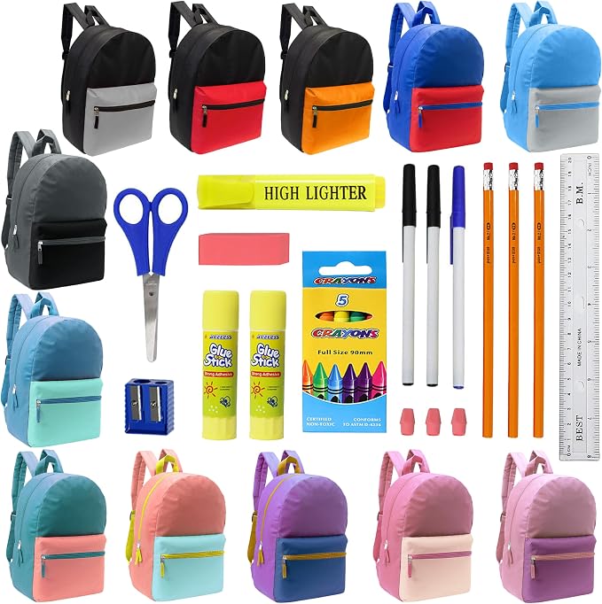 Moda West 17 Inch Bulk Backpacks with 22 Piece School Supply Kit - Case of 12 Wholesale Backpacks in Assorted Colors 6 Boy 6 Girl
