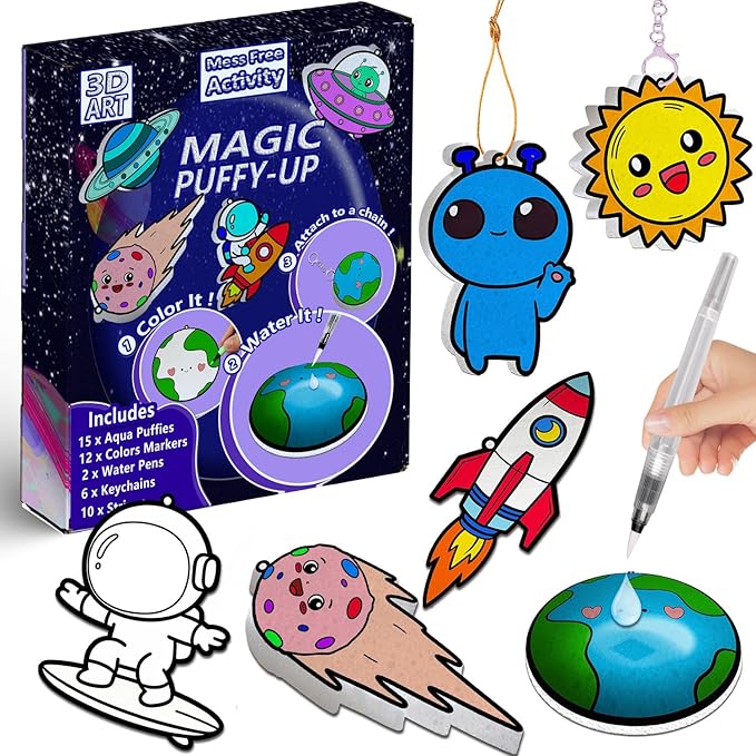 mom&myaboys 3D Aqua Puff Art Kit for Kids - Mess-Free Magic Water Painting Craft, DIY Color & Inflate Animals Activity, Creative Travel Gift for Girls & Boys Ages 4-10 (Outer Space)