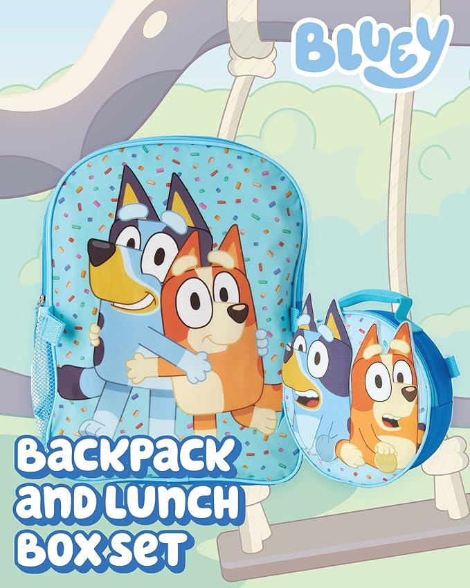 Fast Forward Bluey Kids Backpack and Lunch Box Set - 14" 3D Boys & Girls Backpack with Lunch Box for Preschool & Kindergarten, Bluey Light Blue