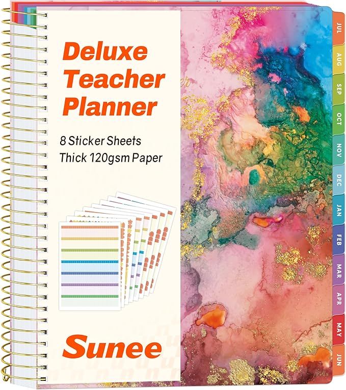 SUNEE Deluxe Teacher Planner 2026-2027, Lesson Planner Book with 7 Periods Jul 2026 - Jun 2027, 8.5" x 11" Weekly and Monthly Organizers with Colorful Tabs, Planning Stickers,120gms Paper, Pink Marble