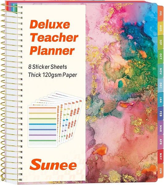 SUNEE Deluxe Teacher Planner 2026-2027, Lesson Planner Book with 7 Periods Jul 2026 - Jun 2027, 8.5" x 11" Weekly and Monthly Organizers with Colorful Tabs, Planning Stickers,120gms Paper, Pink Marble