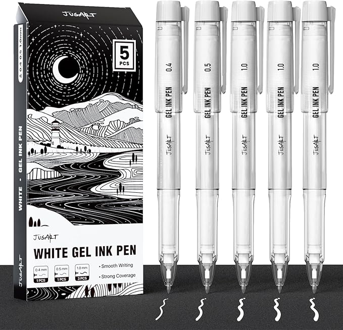 JusArt White Gel Pens with 0.4mm, 0.5mm & 1.0mm Assorted Tips, Opaque White Ink Pens for Black Paper, Drawing, Journaling & DIY Crafts, Ideal Drawing Pens for Artists & Art Supplies, 5 Pack