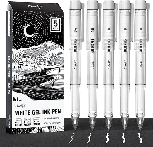 JusArt White Gel Pens with 0.4mm, 0.5mm & 1.0mm Assorted Tips, Opaque White Ink Pens for Black Paper, Drawing, Journaling & DIY Crafts, Ideal Drawing Pens for Artists & Art Supplies, 5 Pack