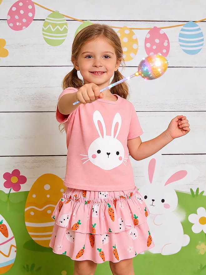 Little Girls Skirt Set - 2 Piece Short Sleeve Top Shirred Tiered Skirt Outfit Girls Spring Summer Clothes 3-8 Years