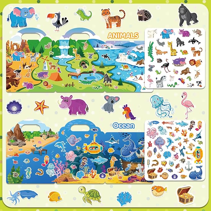 Jelly Sticker Books for Toddlers 2-4 Years, 4 Sets Reusable Sticker Books for Toddlers 1-3, Travel Toys Stickers Activity Book for Ages 2 3 4 5 6 Boy Girl Birthday Gifts (4Sets-Collection 1)