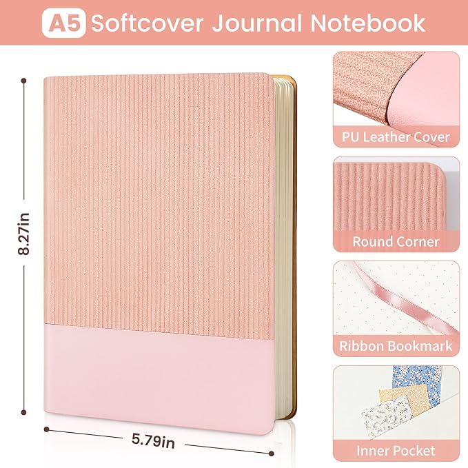 Dotted Journal Notebook Soft Cover PU Leather Journaling Notebooks for Women Men Writing Work Office School 160 Pages 100 GSM Thick Paper A5 Dotted 80 Sheets 5.79"x8.27", Pink