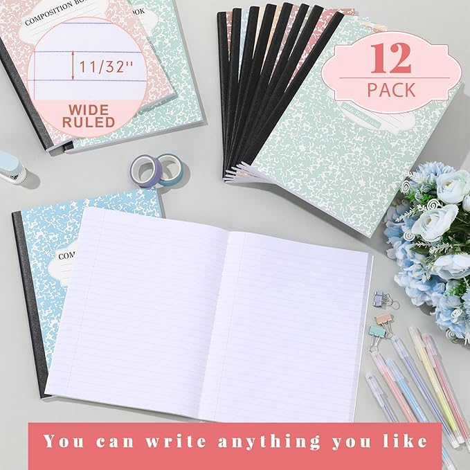 Colarr 12 Pack Wide Ruled Composition Notebook 9.75 x 7.5 Inch Marble Paper Composition Books Assorted Fun Colors Office School Notebook, Hard Cover, Sturdy Sewn Binding (Earthy Color)