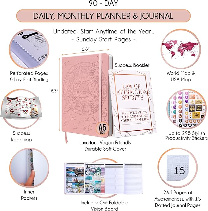 Manifestation Journal for Women and Men — 5 Minute Manifesting and Goals Journal | 3 Month Undated Daily Planner | Law of Attraction Planner, Affirmations, Gratitude | Vision Board + Stickers